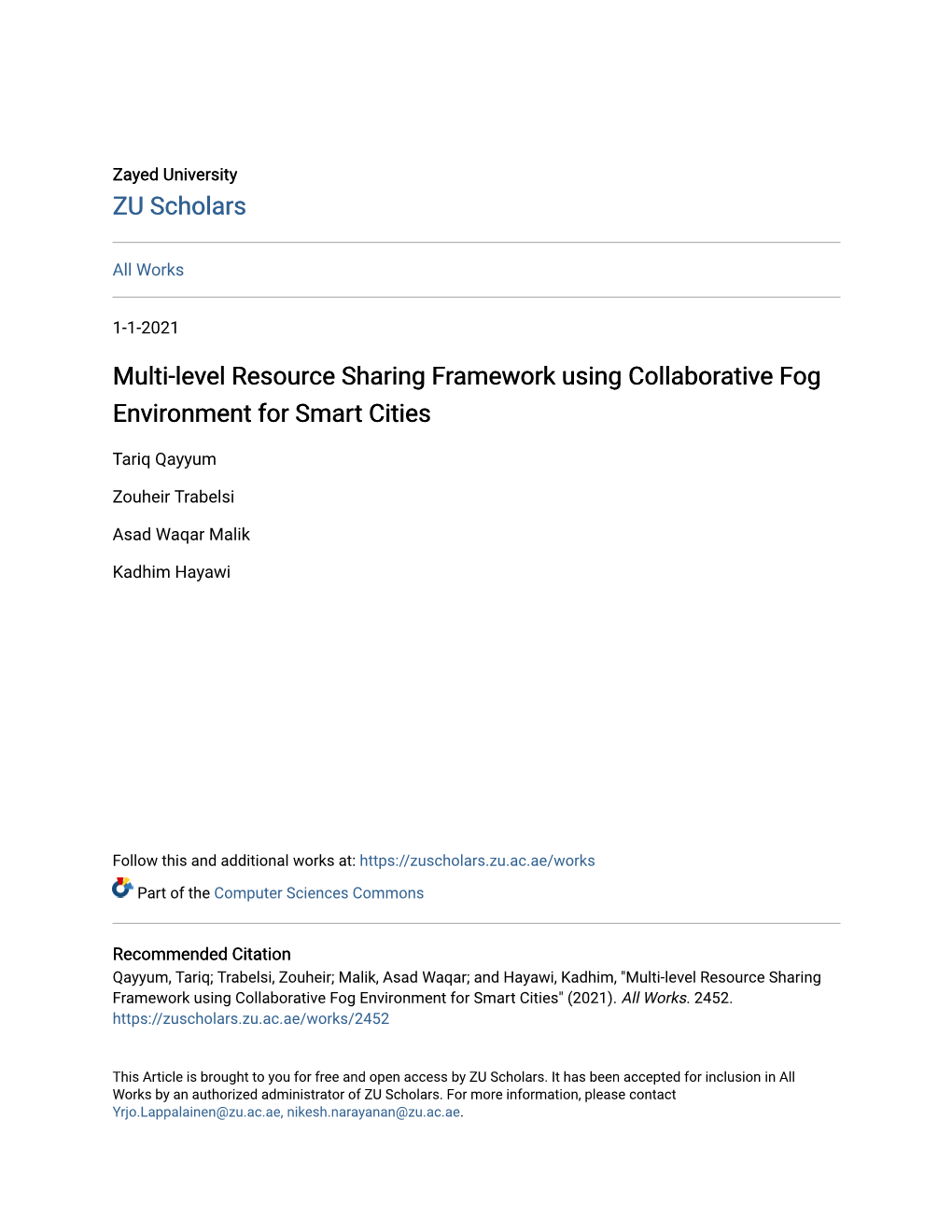 Multi-Level Resource Sharing Framework Using Collaborative Fog Environment for Smart Cities