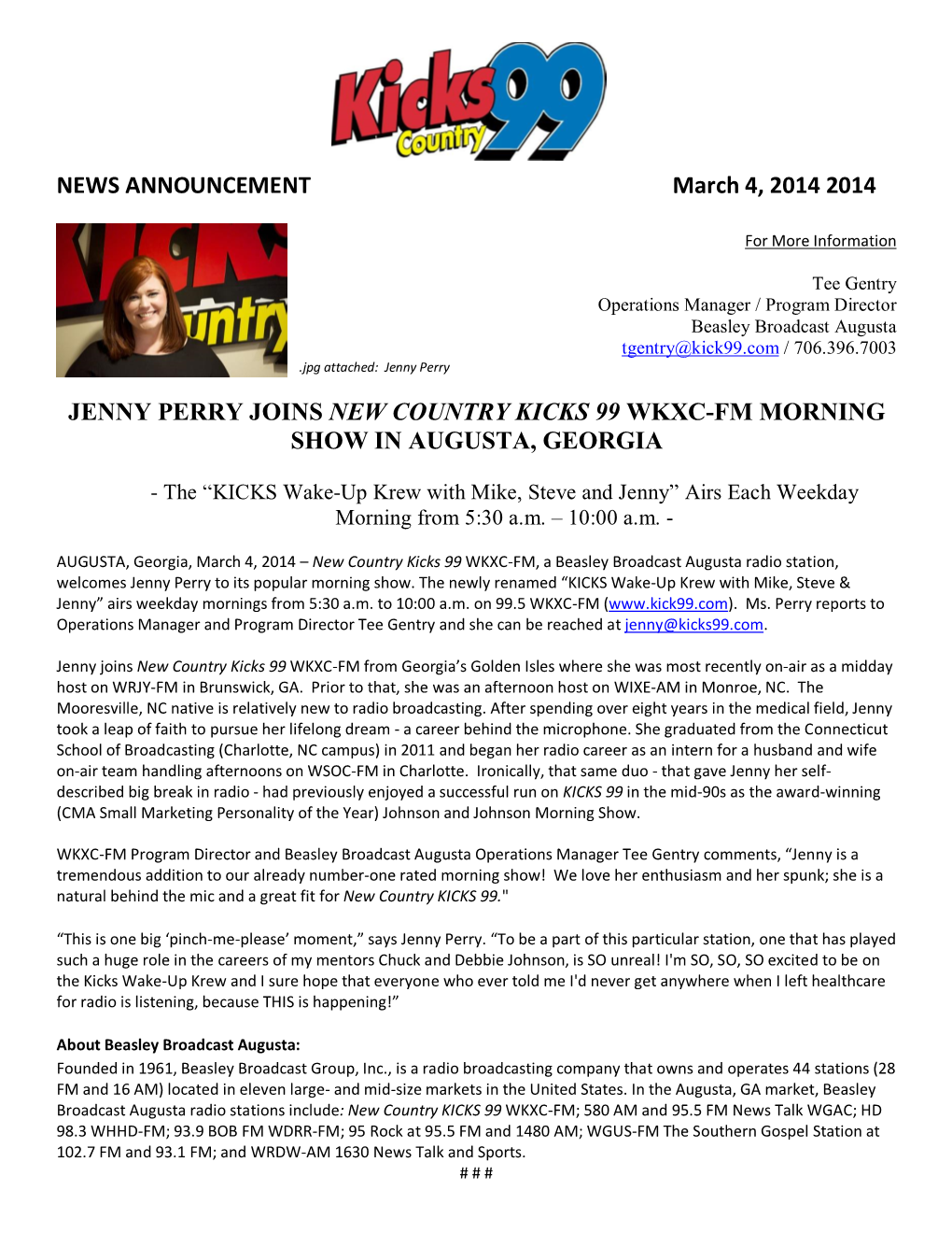 NEWS ANNOUNCEMENT March 4, 2014 2014
