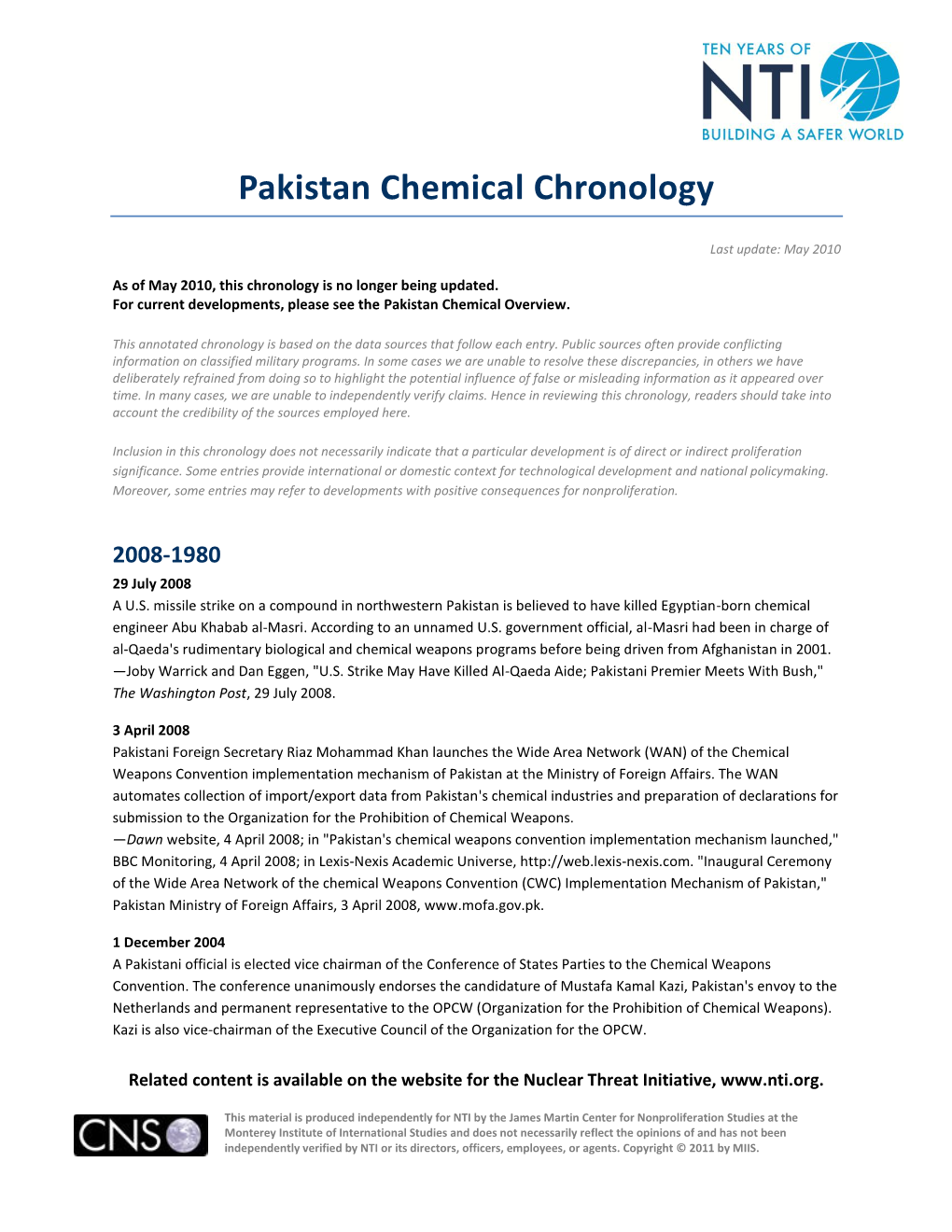 Pakistan Chemical Chronology