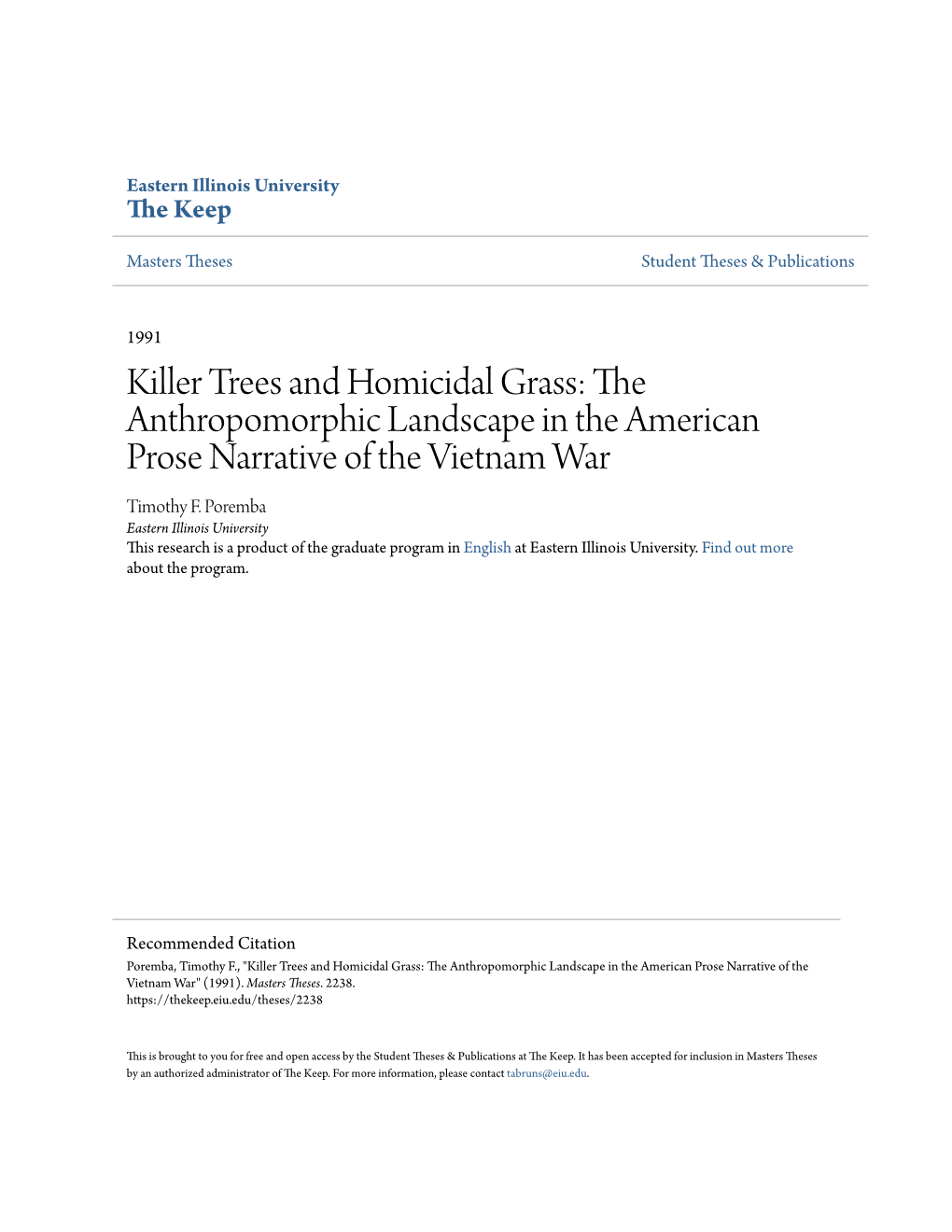 The Anthropomorphic Landscape in the American Prose Narrative of the Vietnam War Timothy F