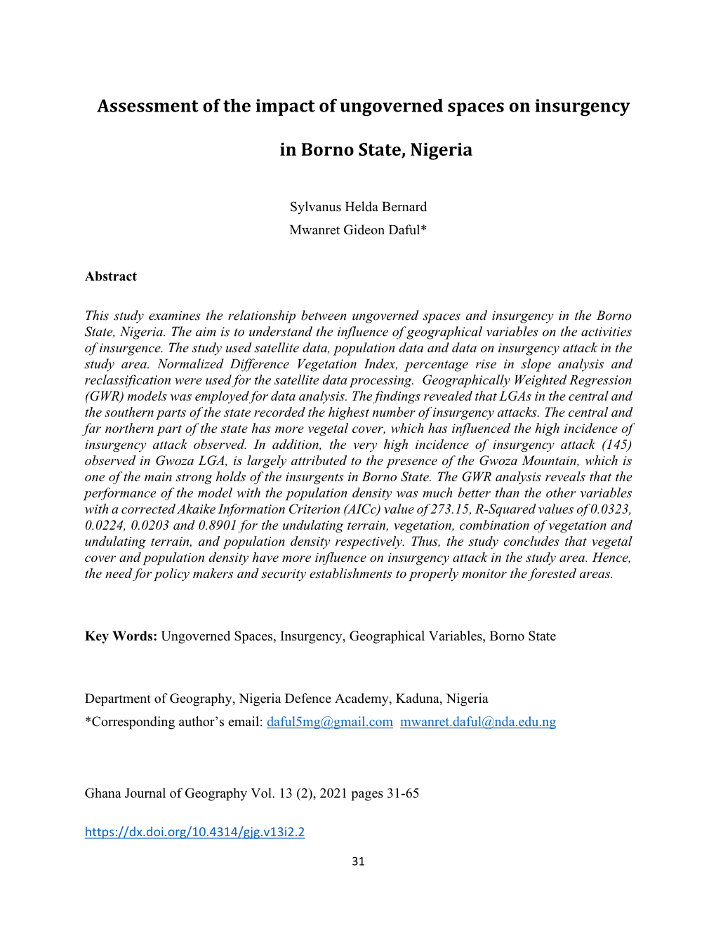 Assessment of the Impact of Ungoverned Spaces on Insurgency