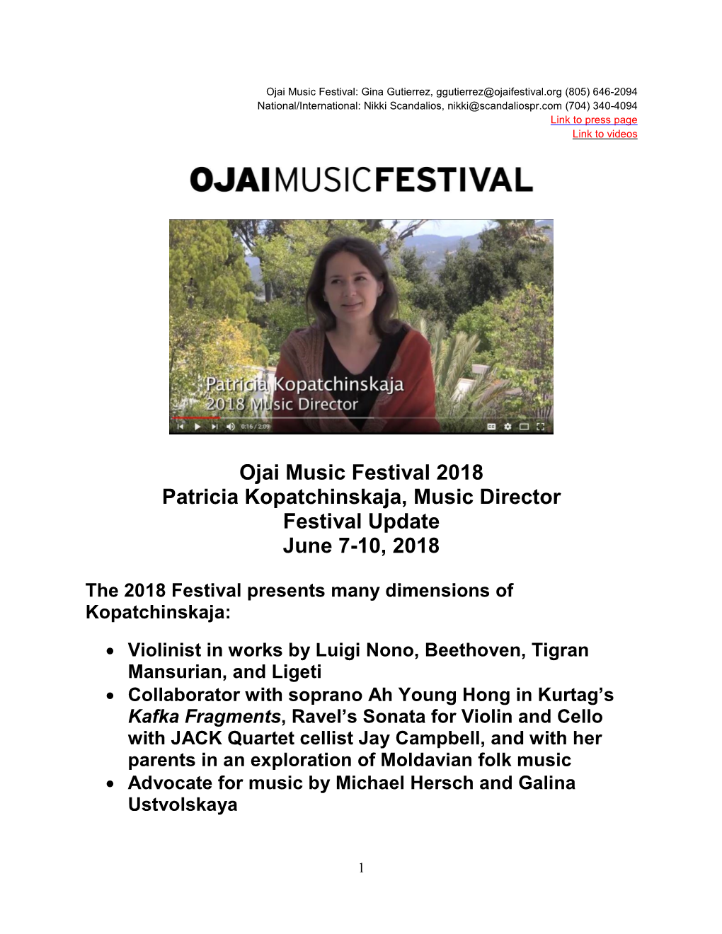 Ojai Music Festival 2018 Patricia Kopatchinskaja, Music Director Festival Update June 7-10, 2018