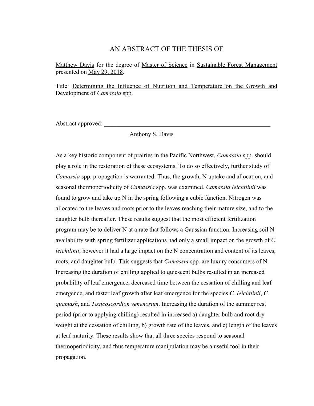 Determining the Influence of Nutrition and Temperature on the Growth and Development of Camassia Spp