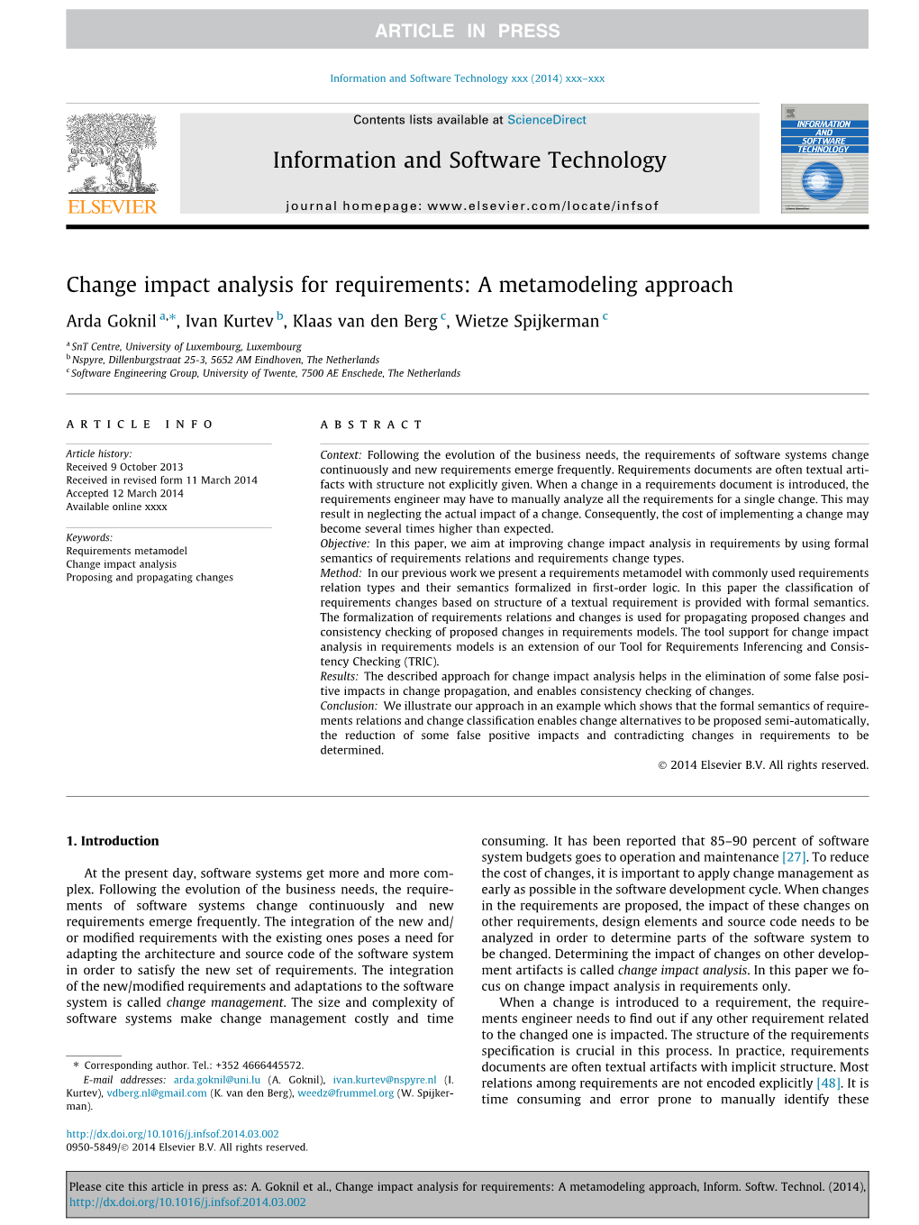 Change Impact Analysis for Requirements: a Metamodeling