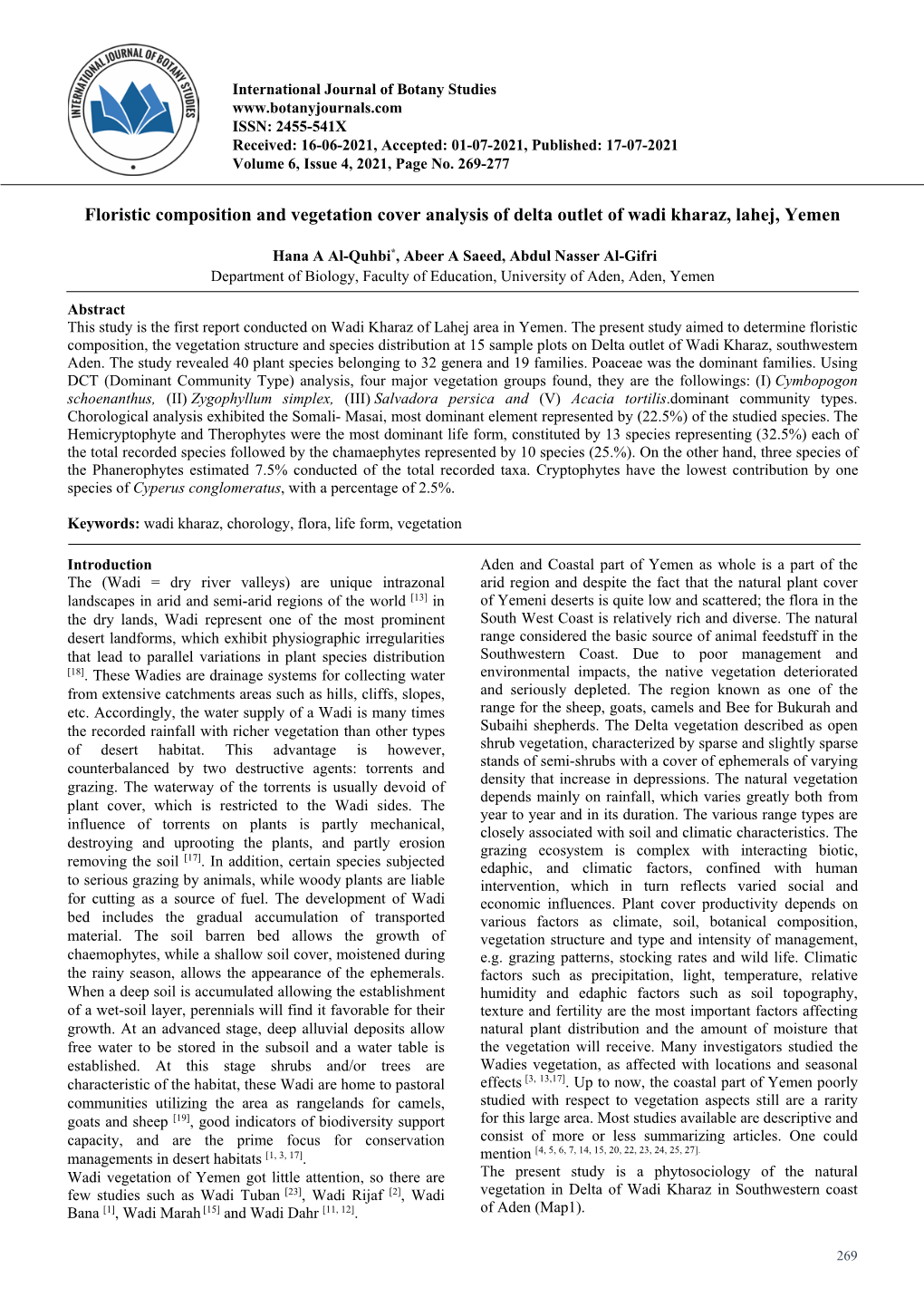 Floristic Composition and Vegetation Cover Analysis of Delta Outlet of Wadi Kharaz, Lahej, Yemen