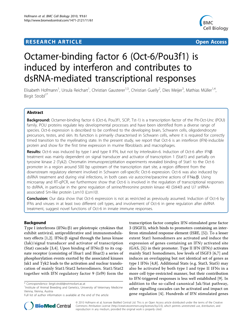 (Oct-6/Pou3f1) Is Induced by Interferon and Contributes to Dsrna