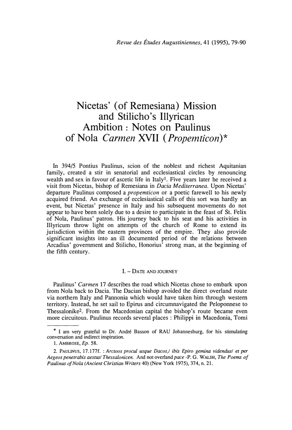 Nicetas' (Of Remesiana) Mission and Stilicho's Illyrican Ambition : Notes on Paulinus of Nola Carmen XVII (Propemticorì)*