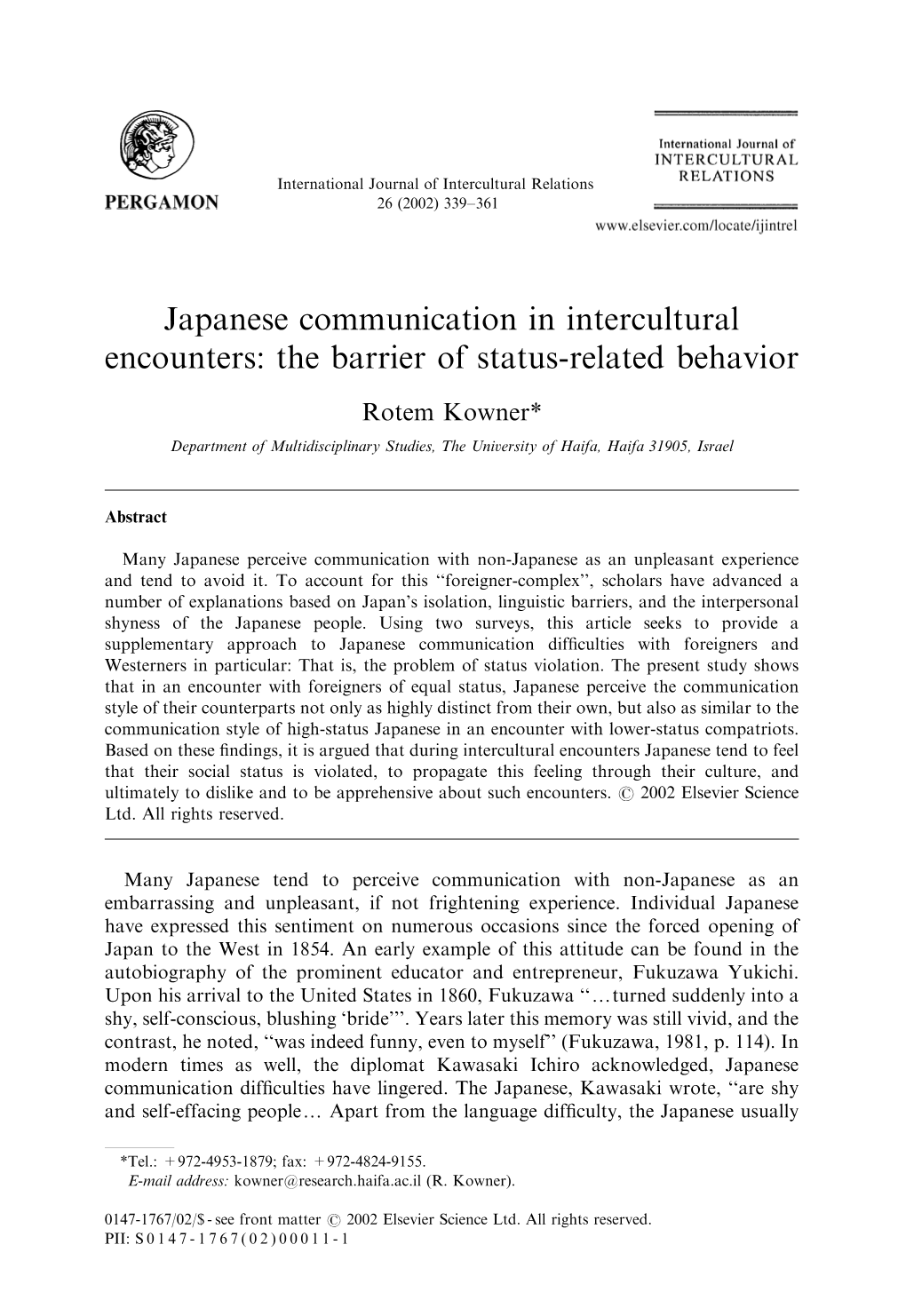 Japanese Communication in Intercultural Encounters: the Barrier of Status-Related Behavior