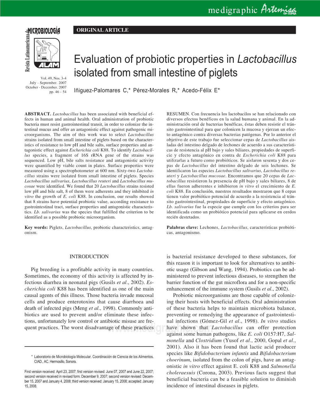 Evaluation of Probiotic Properties in Lactobacillus Isolated from Small Intestine of Piglets 47 Rev Latinoam Microbiol 2007; 49 (3-4): 46-54