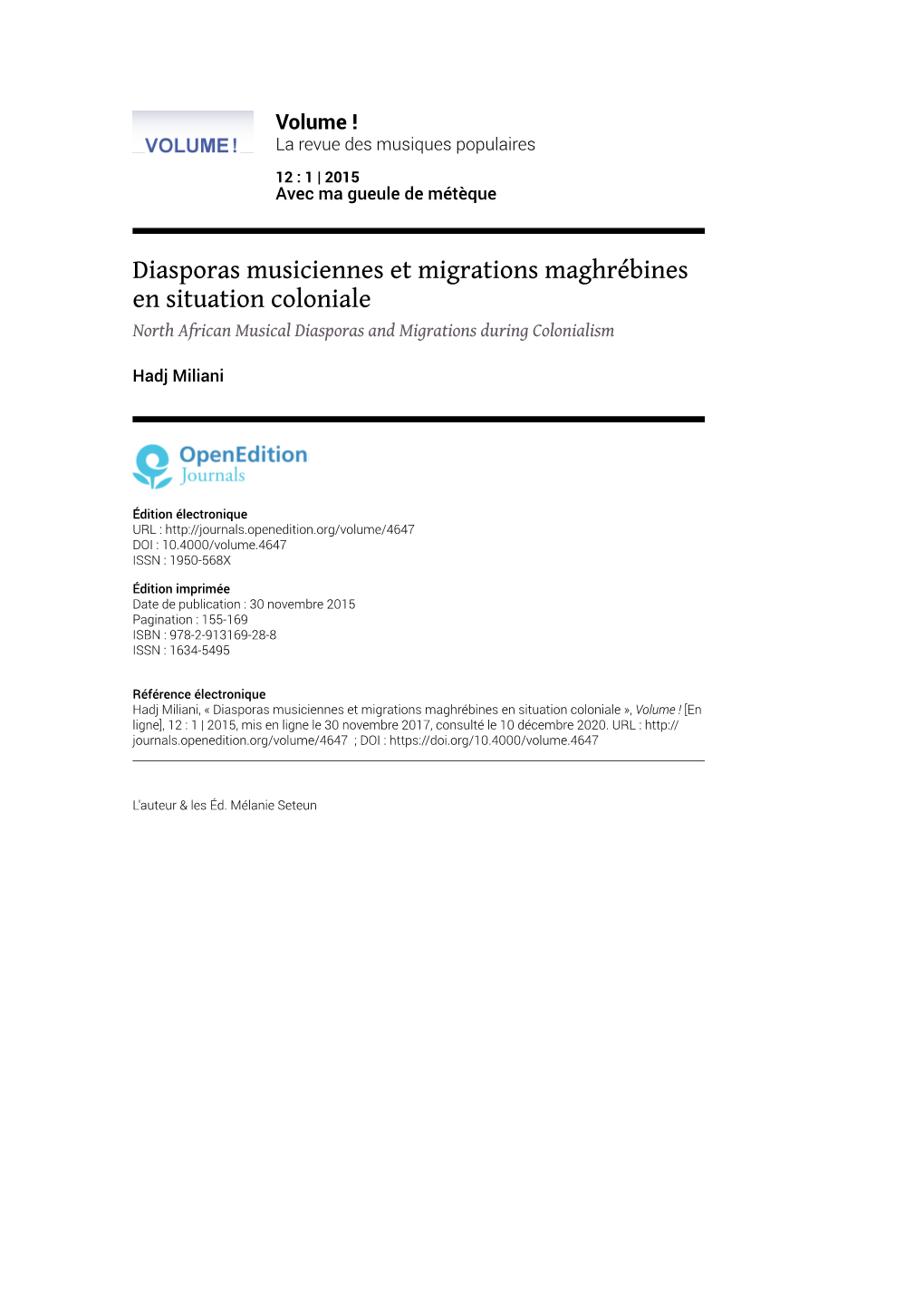 Diasporas Musiciennes Et Migrations Maghrébines En Situation Coloniale North African Musical Diasporas and Migrations During Colonialism