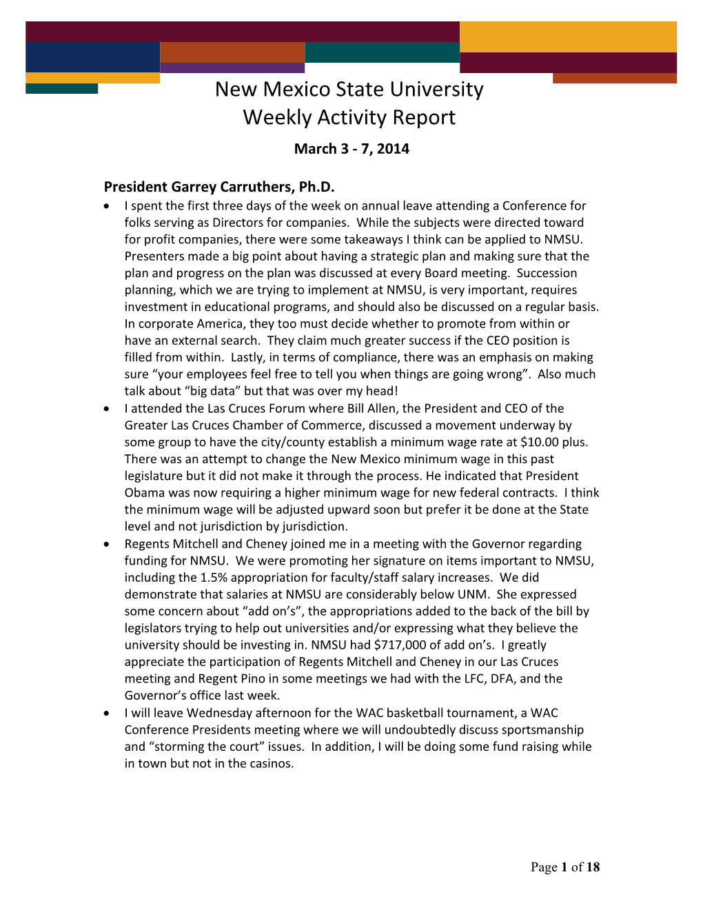 New Mexico State University Weekly Activity Report