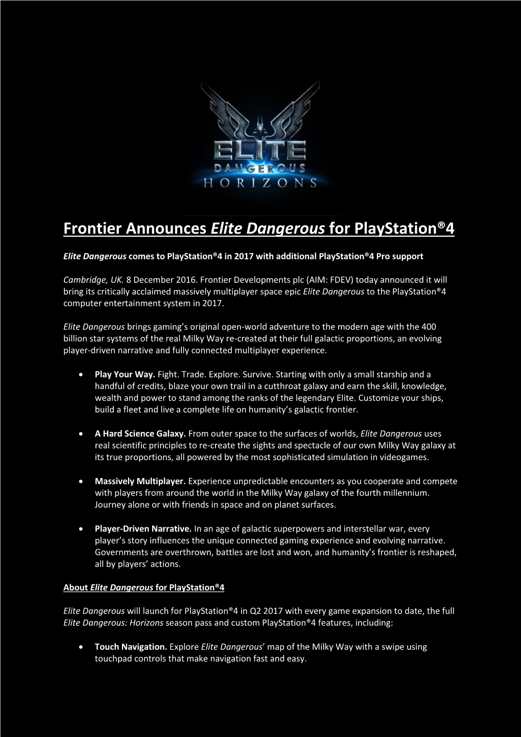Frontier Announces Elite Dangerous for Playstation®4