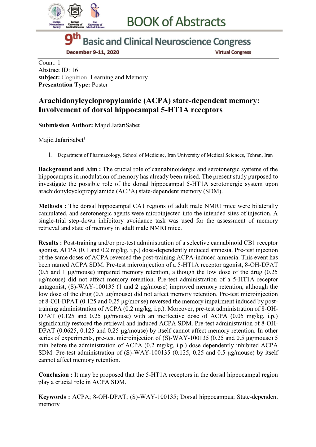 Arachidonylcyclopropylamide (ACPA) State-Dependent Memory: Involvement of Dorsal Hippocampal 5-HT1A Receptors