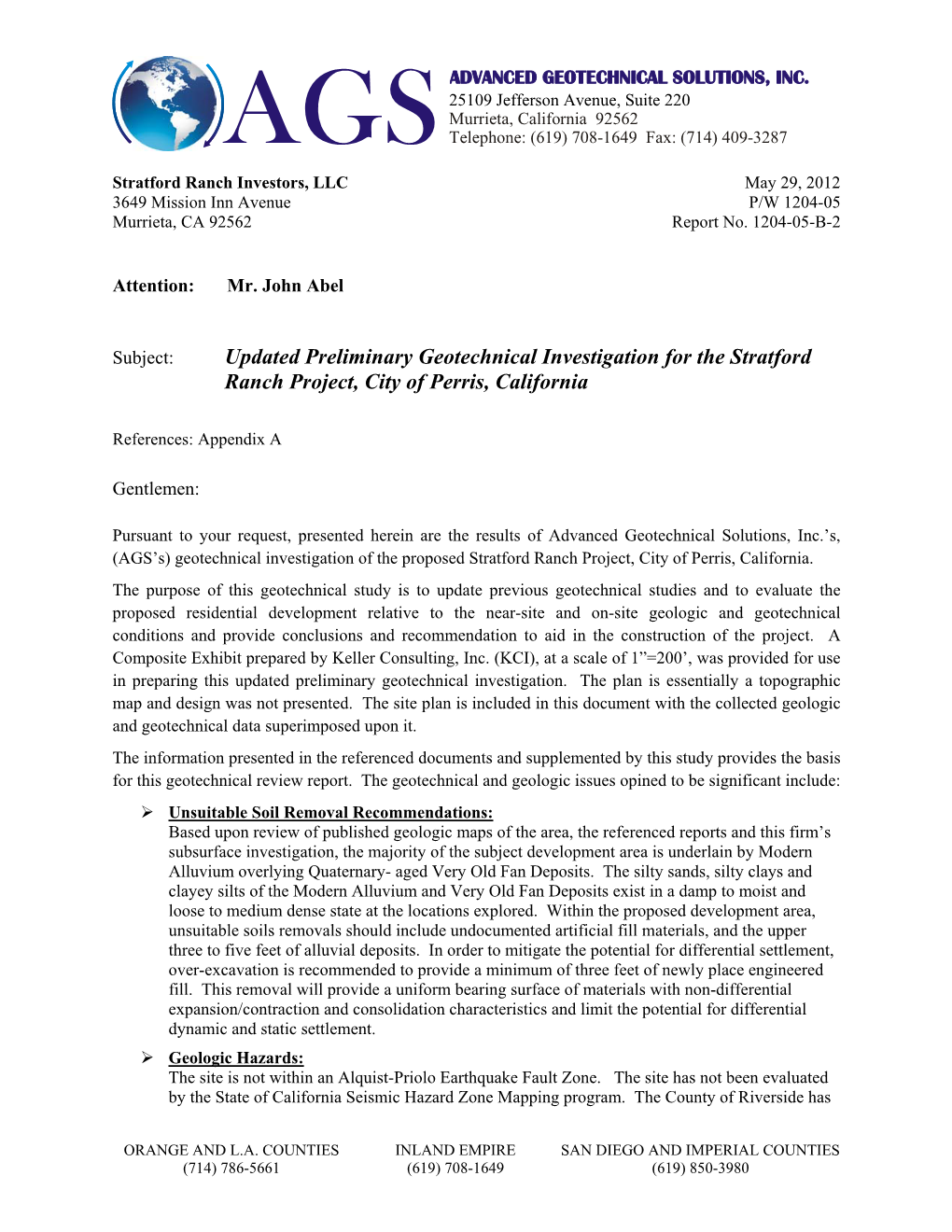 Updated Preliminary Geotechnical Investigation for the Stratford Ranch Project, City of Perris, California