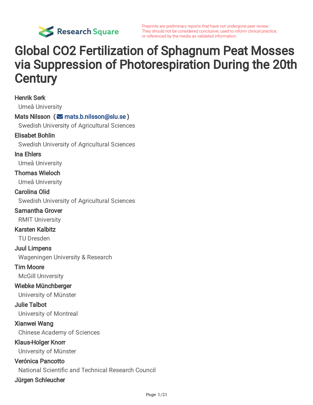 Global CO2 Fertilization of Sphagnum Peat Mosses Via Suppression of Photorespiration During the 20Th Century