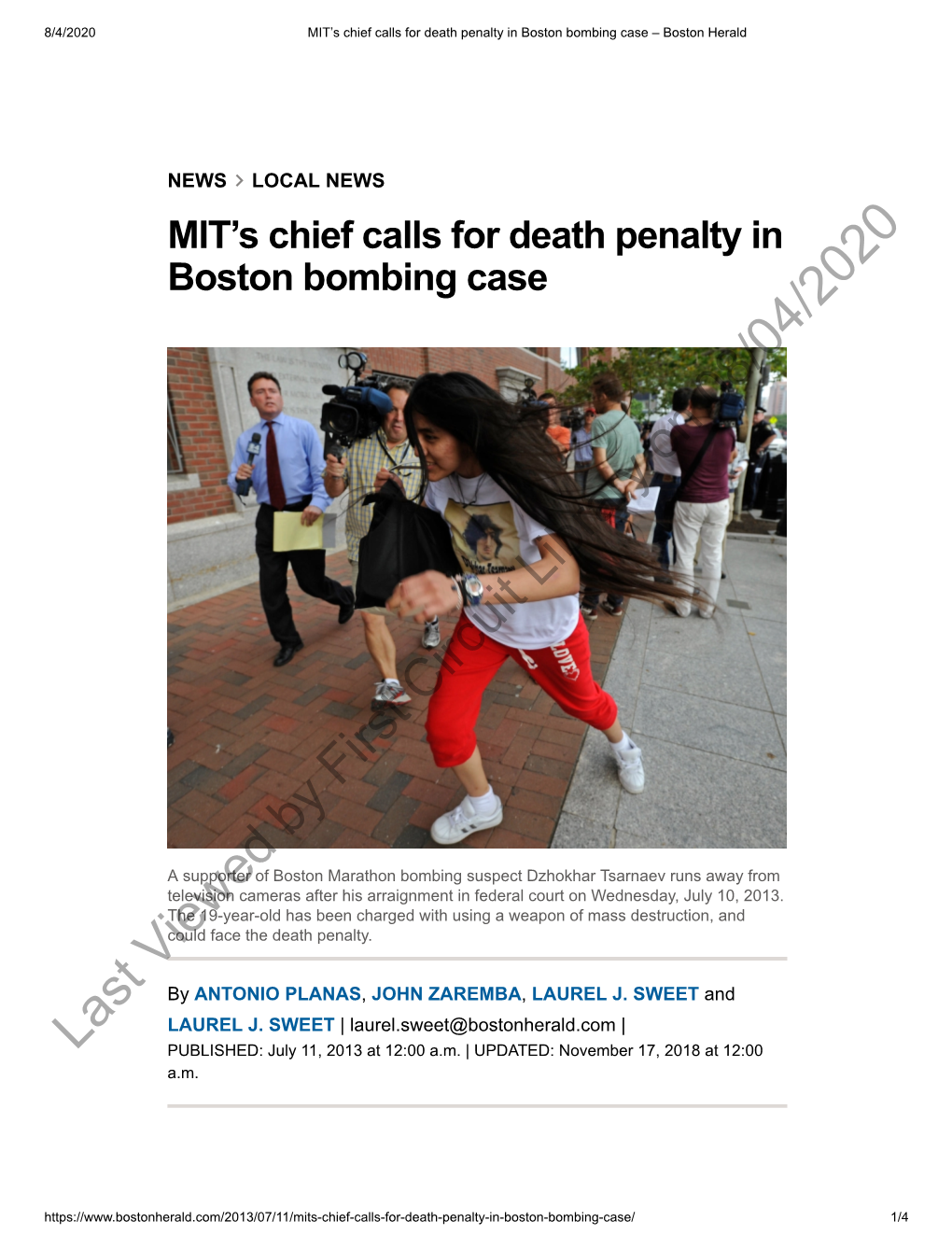 MIT's Chief Calls for Death Penalty in Boston Bombing Case