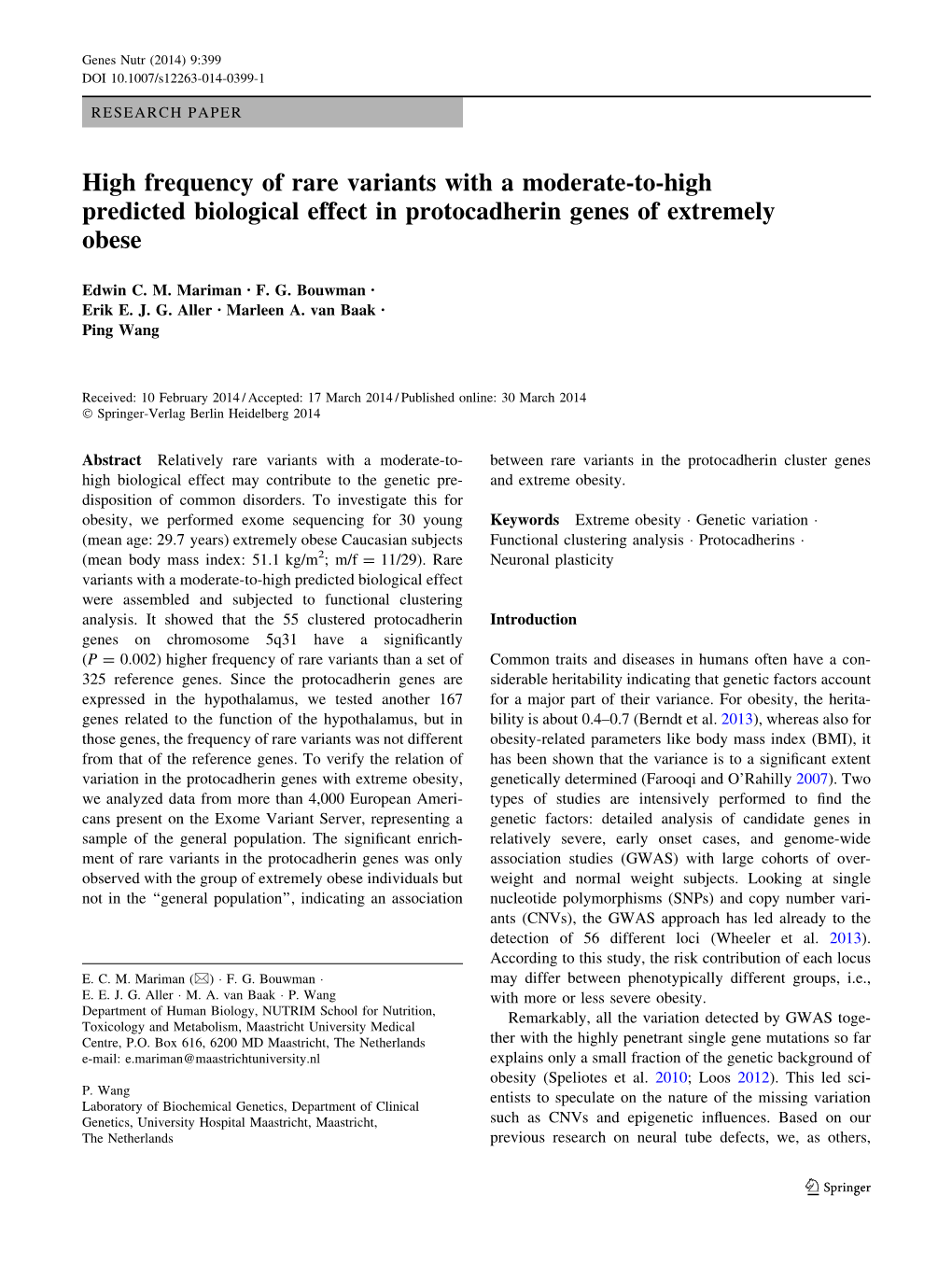 High Frequency of Rare Variants with a Moderate-To-High Predicted Biological Effect in Protocadherin Genes of Extremely Obese