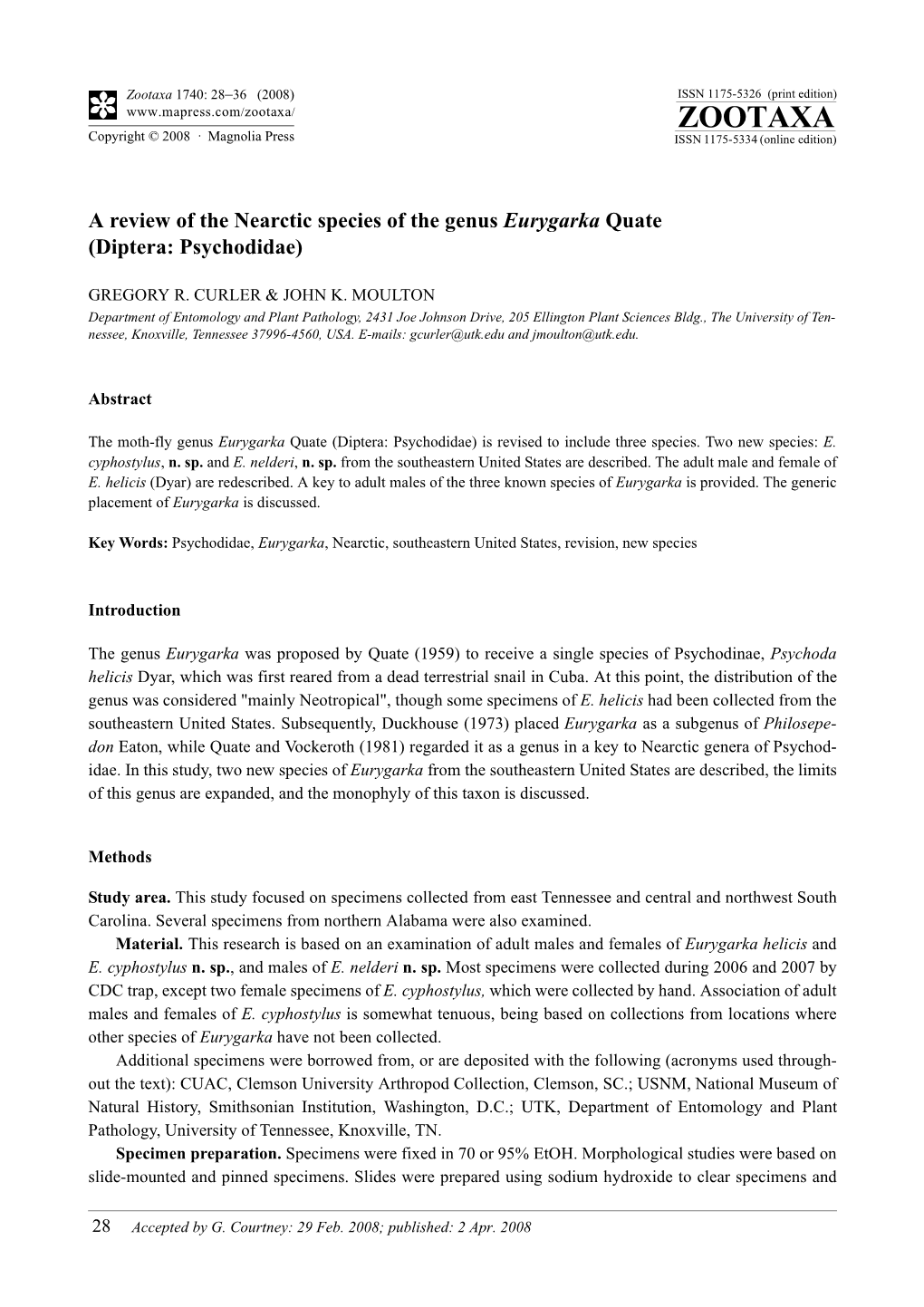 Zootaxa, a Review of the Nearctic Species of the Genus Eurygarka Quate