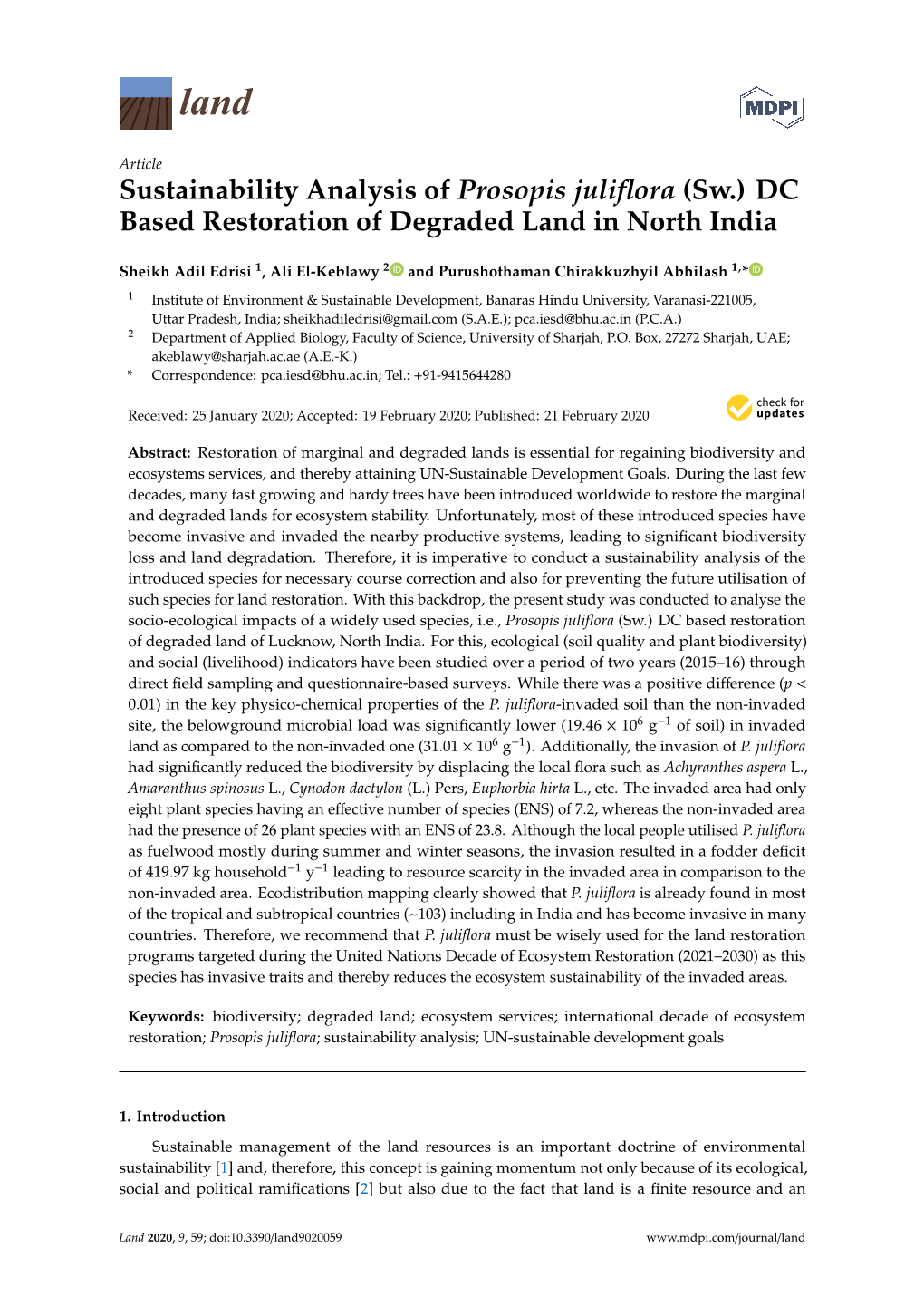 Sustainability Analysis of Prosopis Juliflora