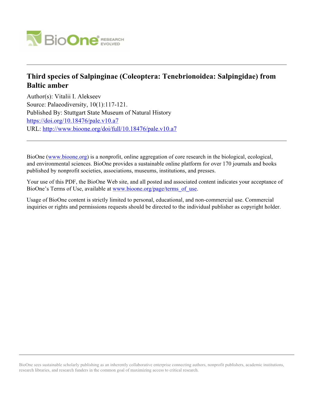 Coleoptera: Tenebrionoidea: Salpingidae) from Baltic Amber Author(S): Vitalii I