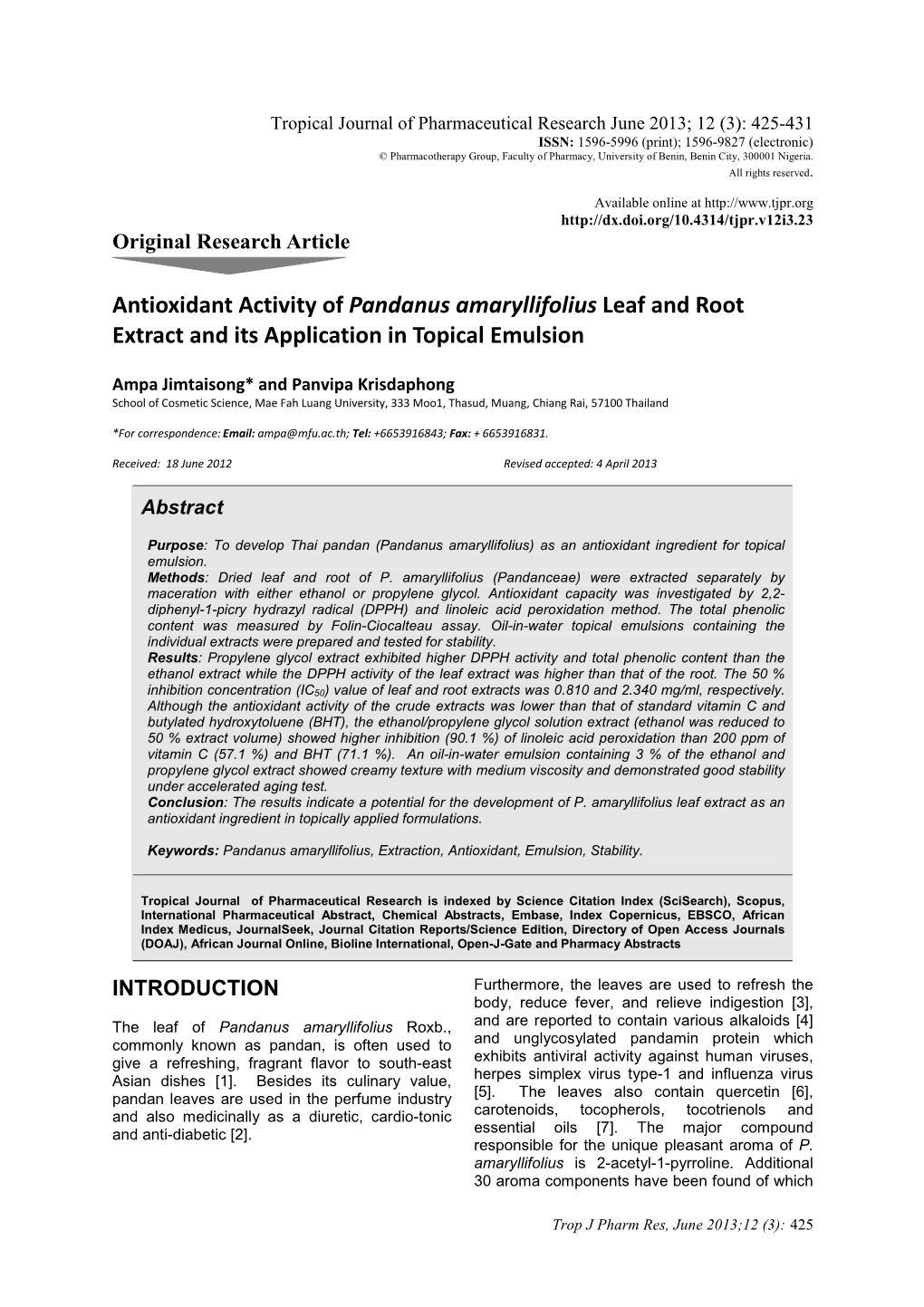 Antioxidant Activity of Pandanus Amaryllifolius Leaf and Root Extract and Its Application in Topical Emulsion