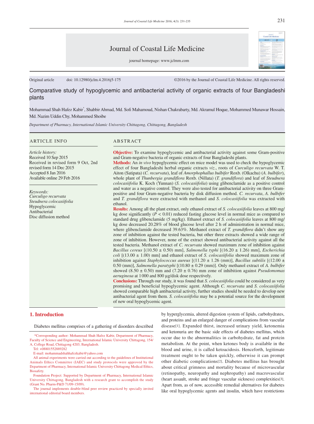 Comparative Study of Hypoglycemic and Antibacterial Activity of Organic Extracts of Four Bangladeshi Plants