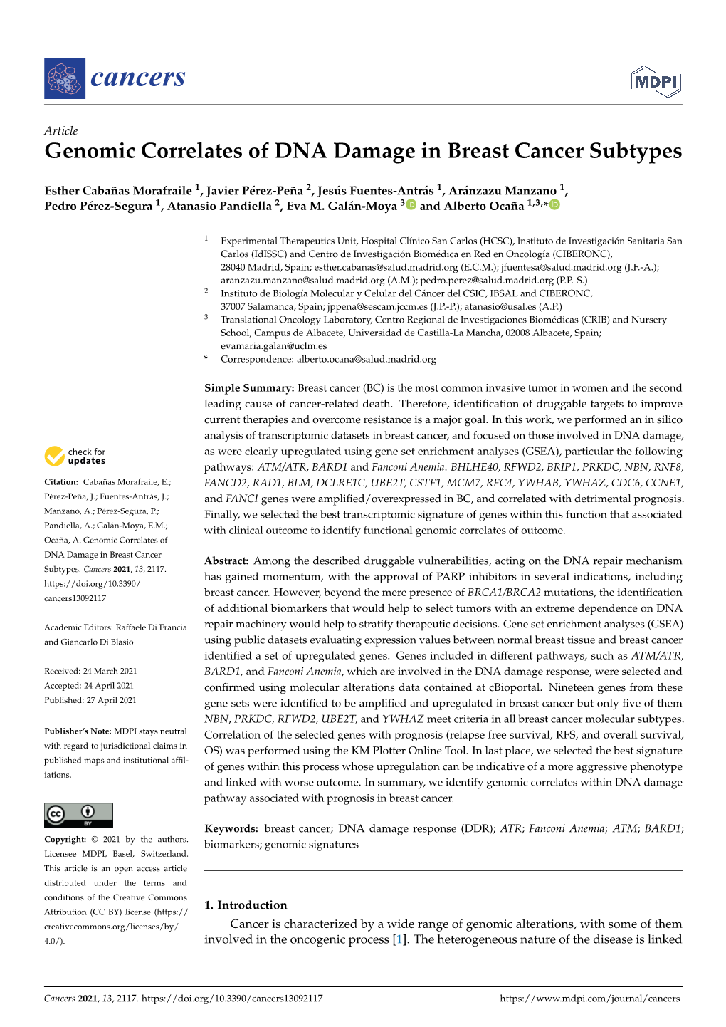 Genomic Correlates of DNA Damage in Breast Cancer Subtypes