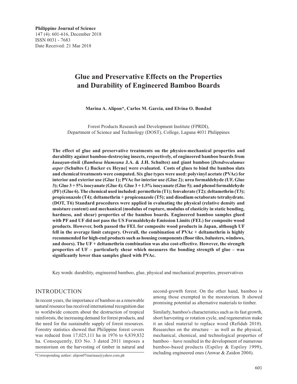 Glue and Preservative Effects on the Properties and Durability of Engineered Bamboo Boards