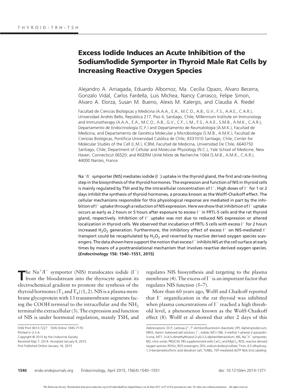 Excess Iodide Induces an Acute Inhibition of the Sodium/Iodide Symporter in Thyroid Male Rat Cells by Increasing Reactive Oxygen Species