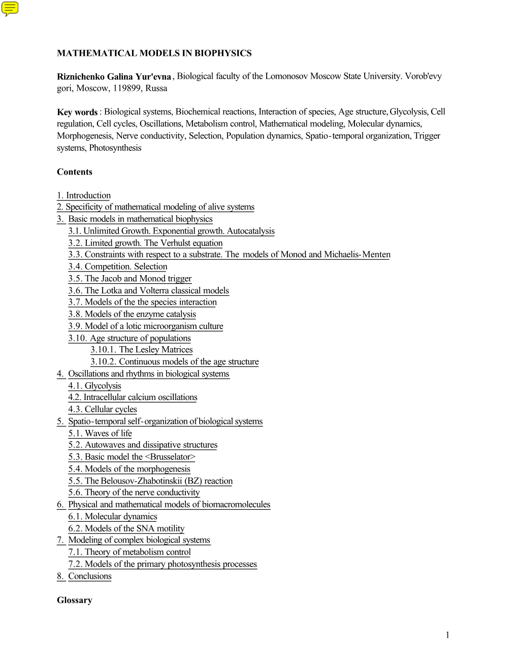 Mathematical Models in Biophysics