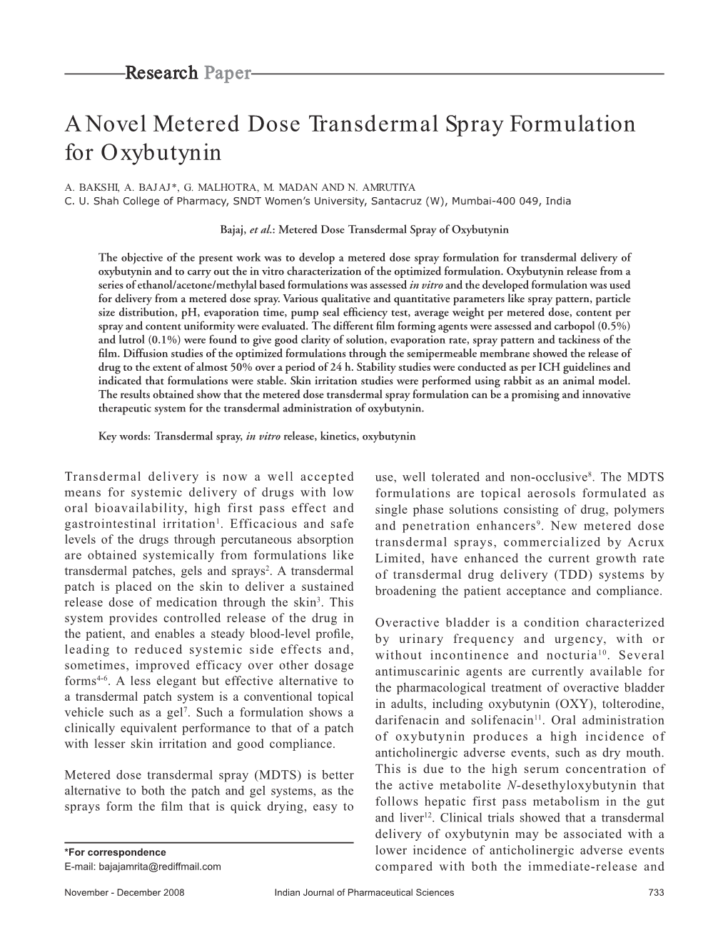 A Novel Metered Dose Transdermal Spray Formulation for Oxybutynin