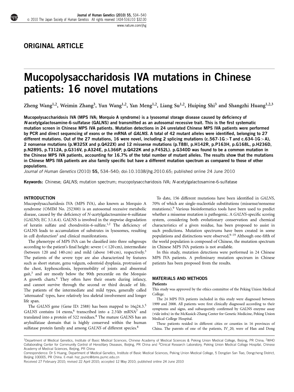 Mucopolysaccharidosis IVA Mutations in Chinese Patients: 16 Novel Mutations