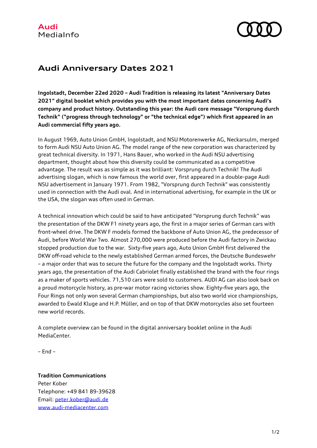 Audi Anniversary Dates 2021