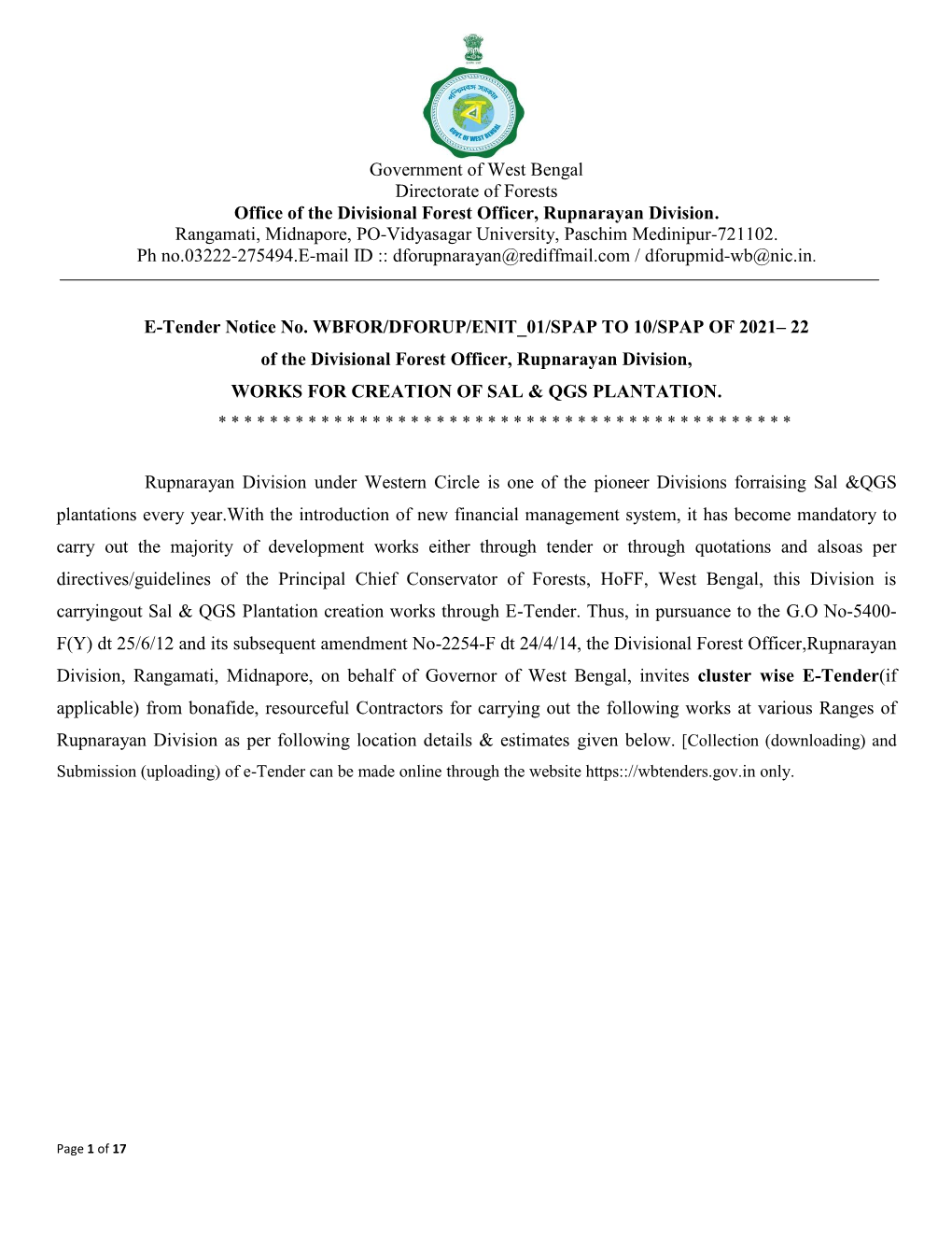 Government of West Bengal Directorate of Forests Office of the Divisional Forest Officer, Rupnarayan Division