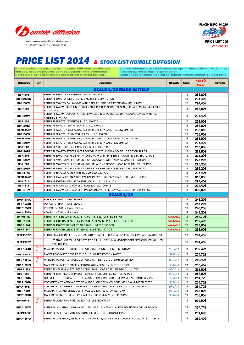 Price List 2014 & Stock List Homble Diffusion