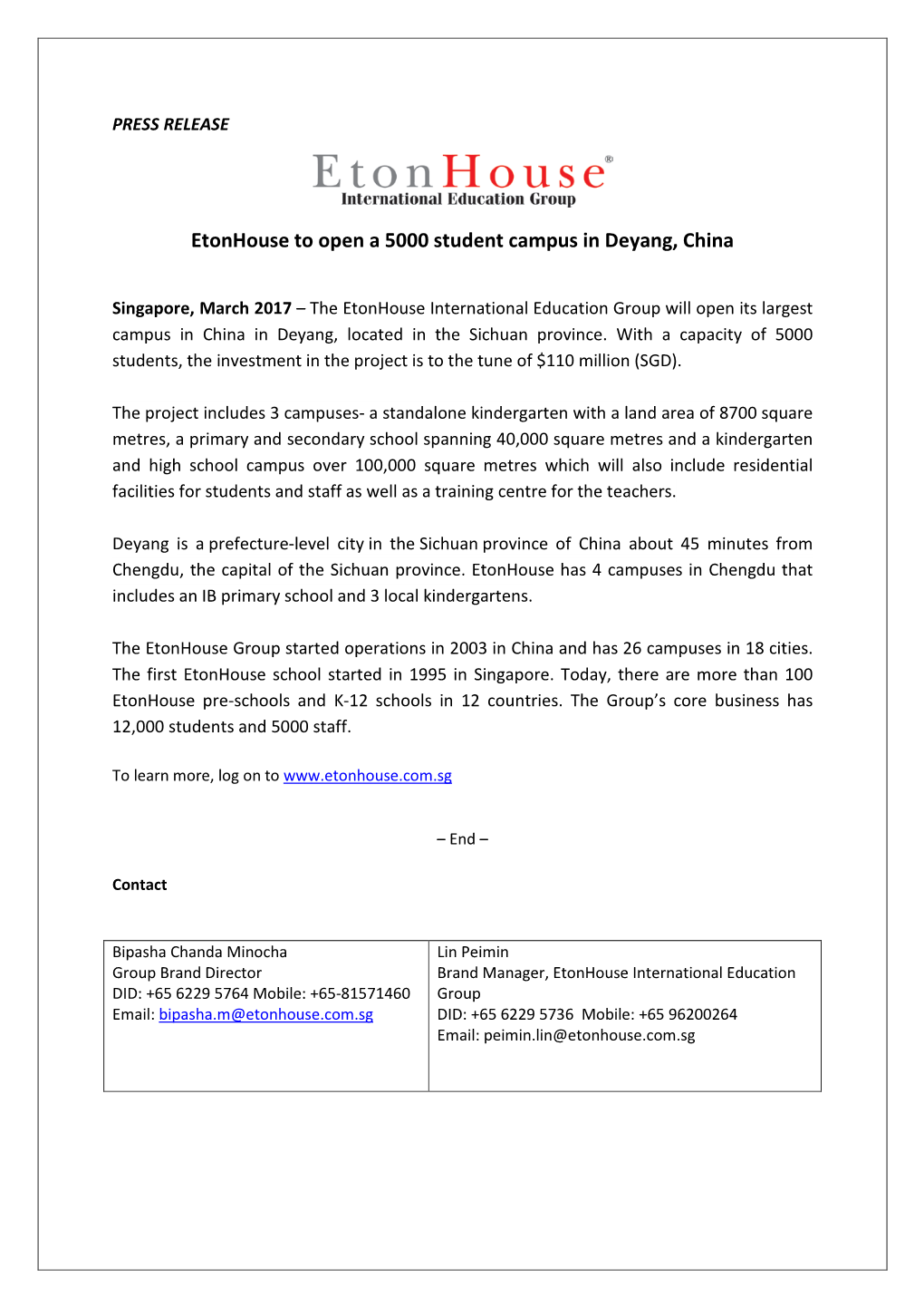 Etonhouse to Open a 5000 Student Campus in Deyang, China