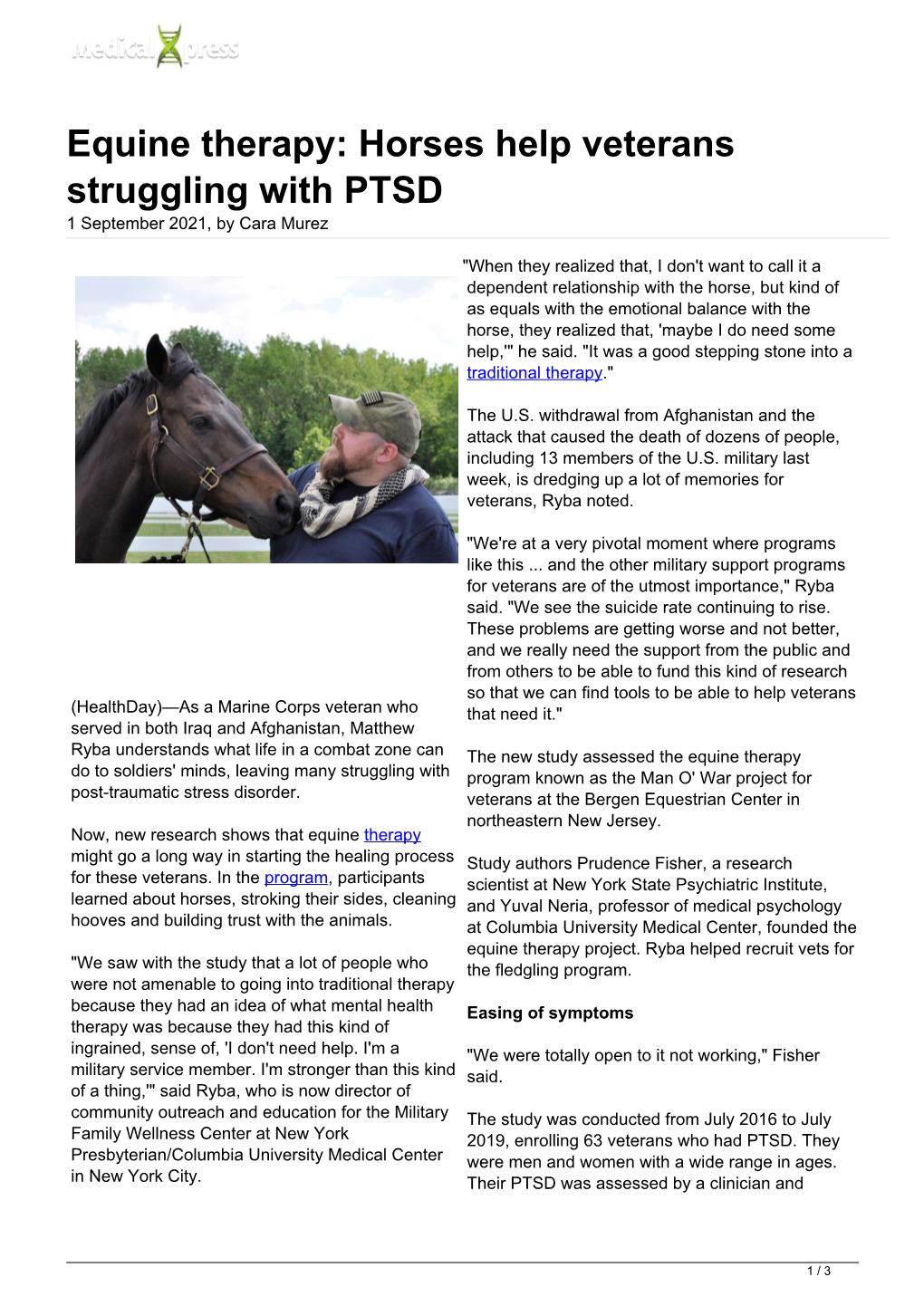 Equine Therapy: Horses Help Veterans Struggling with PTSD 1 September 2021, by Cara Murez