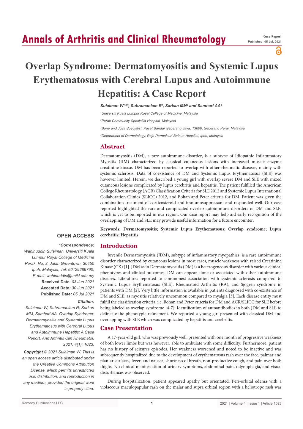 Overlap Syndrome: Dermatomyositis and Systemic Lupus Erythematosus with Cerebral Lupus and Autoimmune Hepatitis: a Case Report