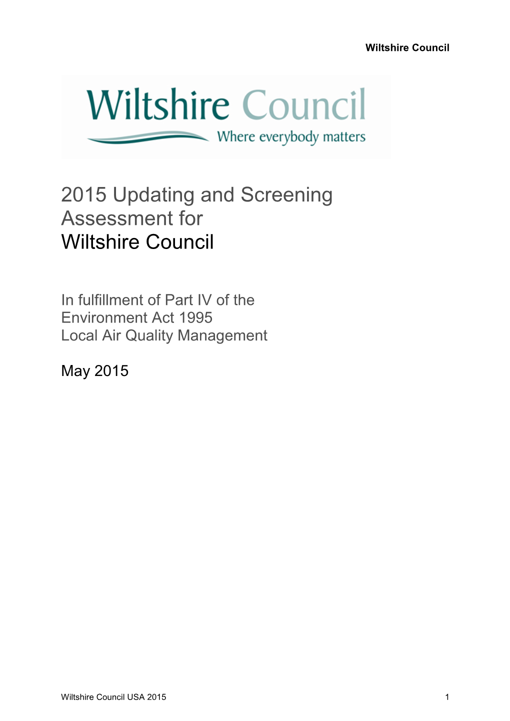 2015 Updating and Screening Assessment for Wiltshire Council