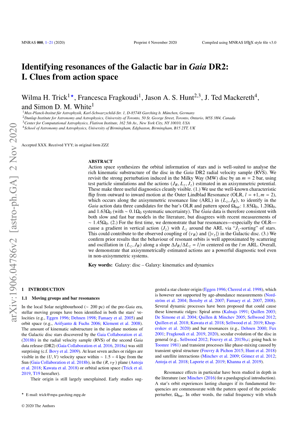 Identifying Resonances of the Galactic Bar in Gaia DR2: I