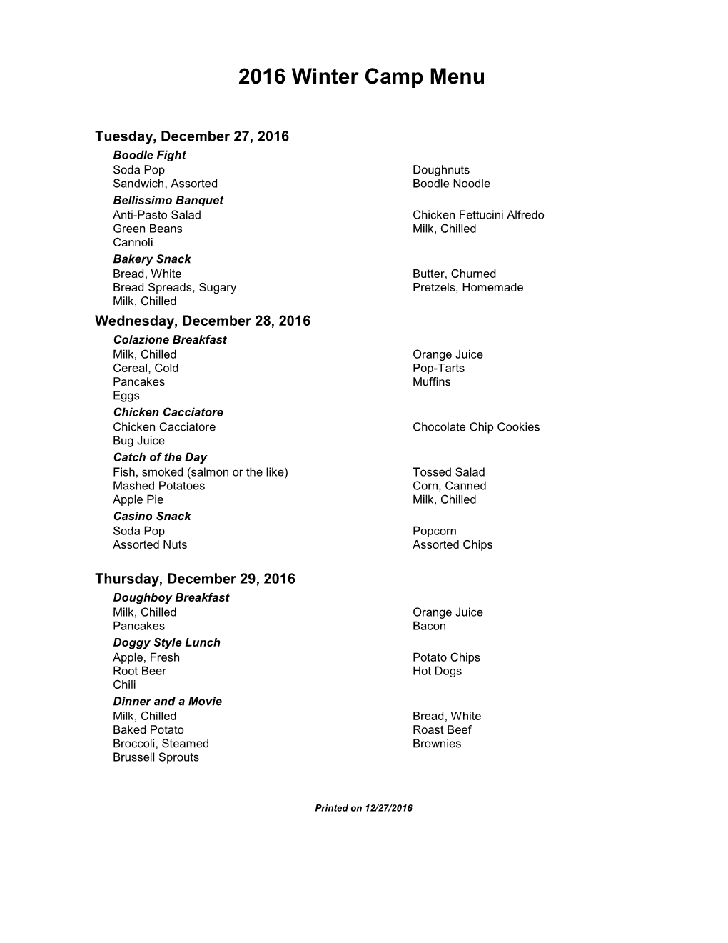 2016 Winter Camp Menu