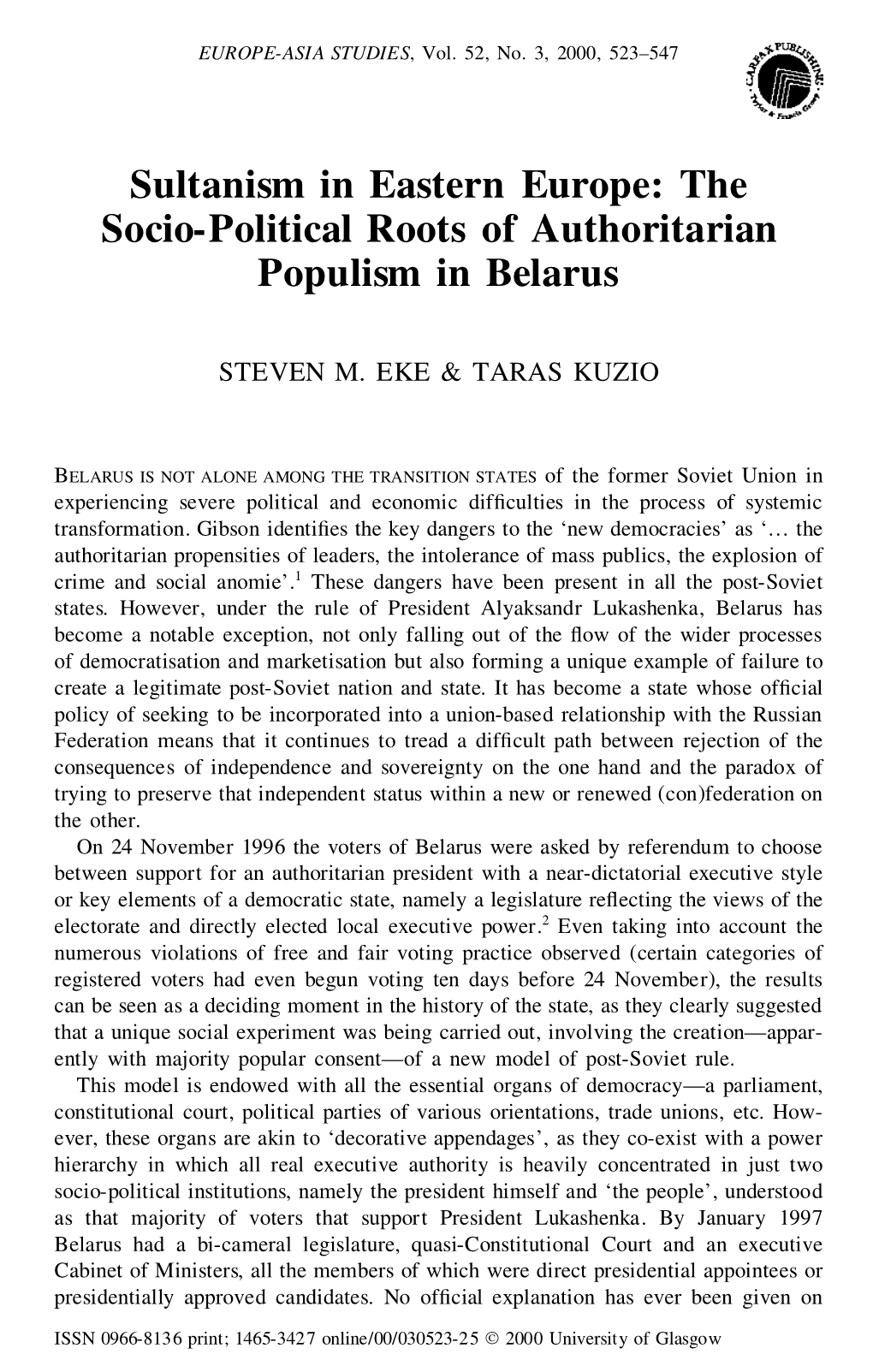 Sultanism in Eastern Europe: the Socio-Political Roots of Authoritarian Populism in Belarus