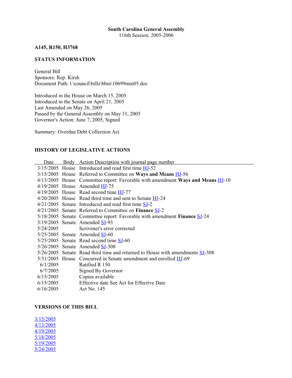 2005-2006 Bill 3768: Overdue Debt Collection Act - South Carolina Legislature Online