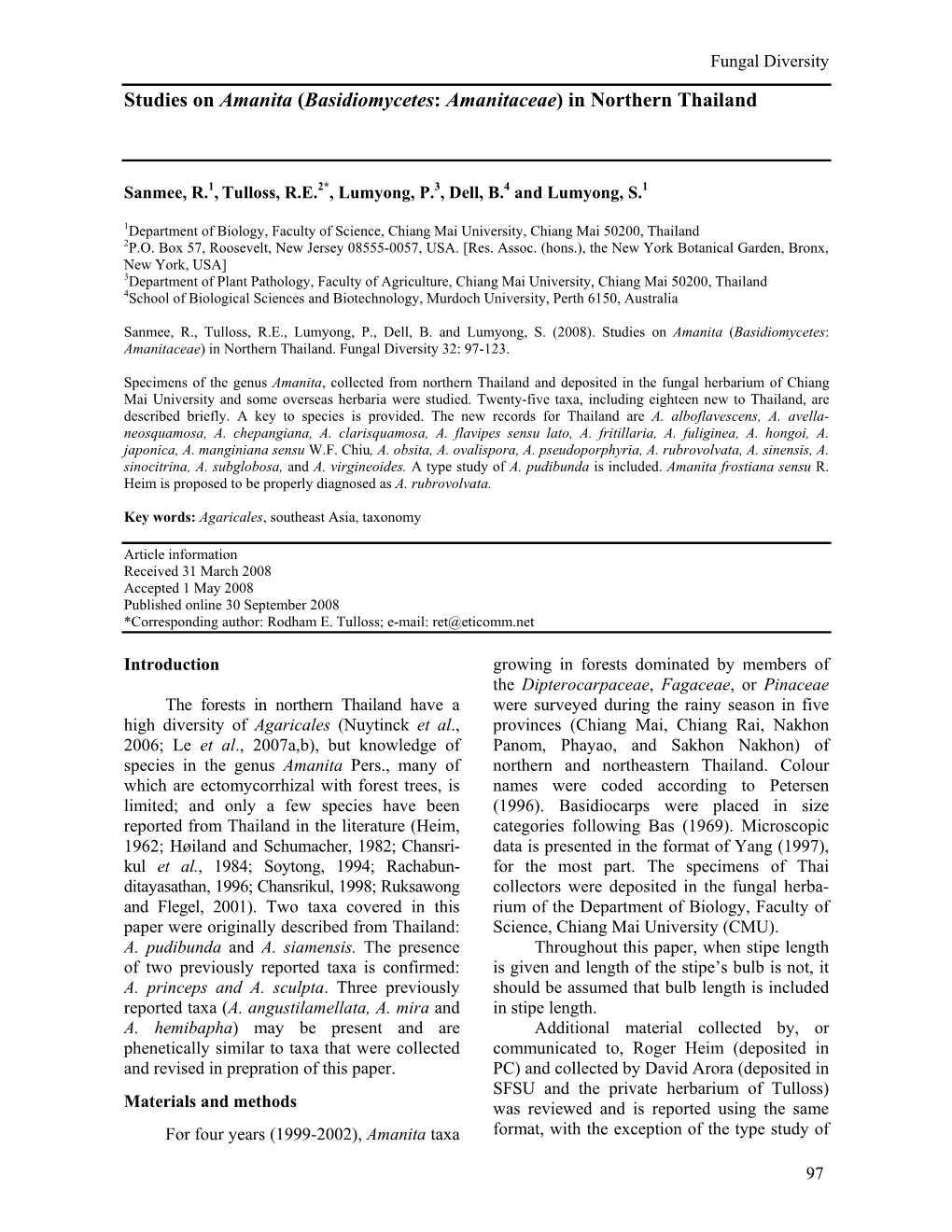 Studies on Amanita (Basidiomycetes: Amanitaceae) in Northern Thailand