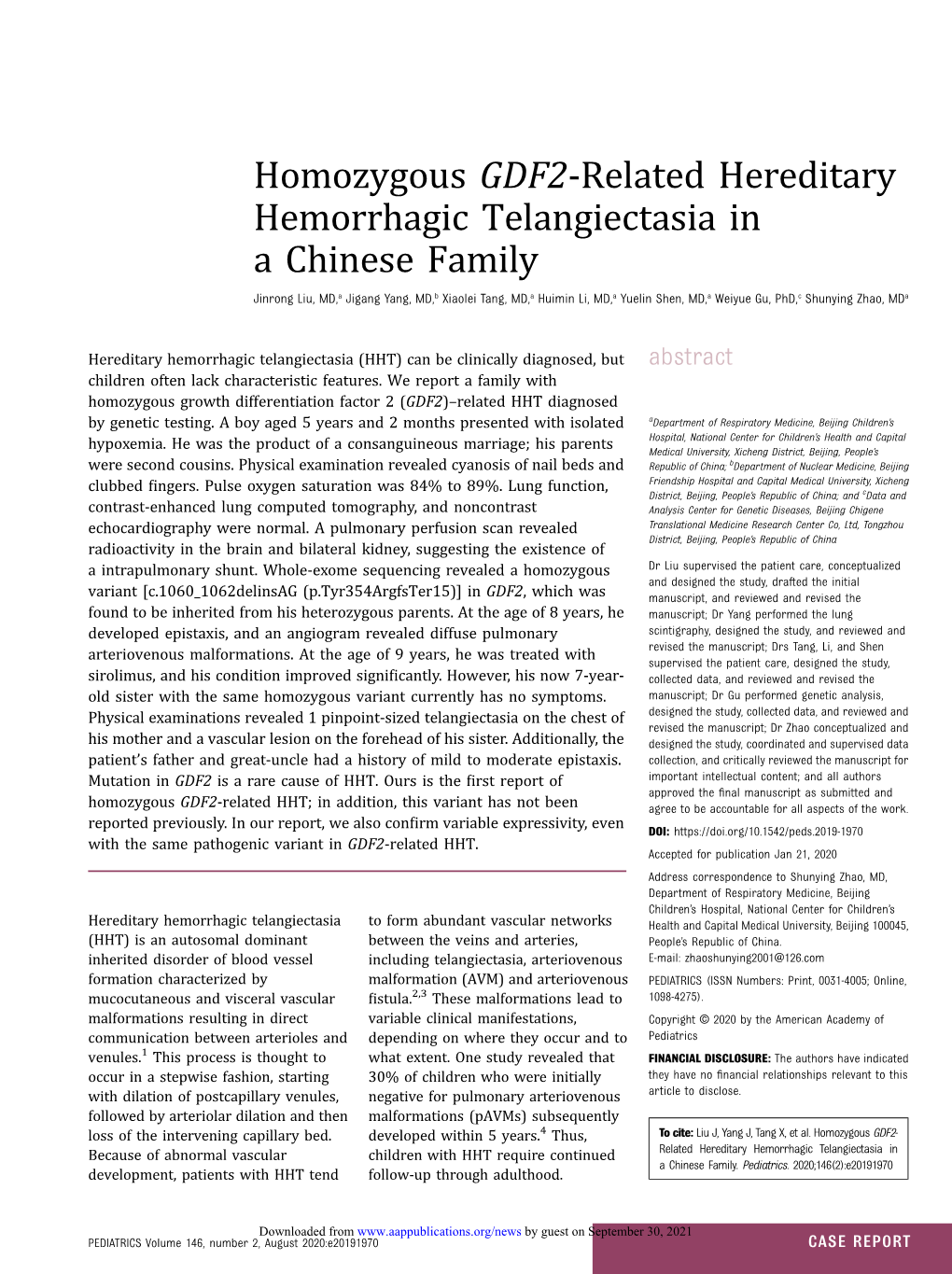 Homozygous GDF2-Related Hereditary Hemorrhagic Telangiectasia in a Chinese Family