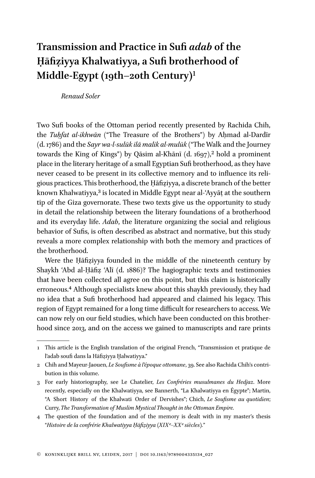 Transmission and Practice in Sufi Adab of the Ḥāfiẓiyya Khalwatiyya, a Sufi Brotherhood of Middle-Egypt (19Th–20Th Century)1