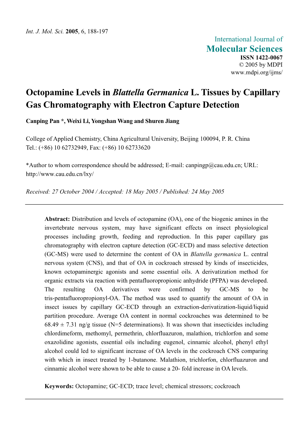 Octopamine Levels in Blattella Germanica L. Tissues by Capillary Gas Chromatography with Electron Capture Detection