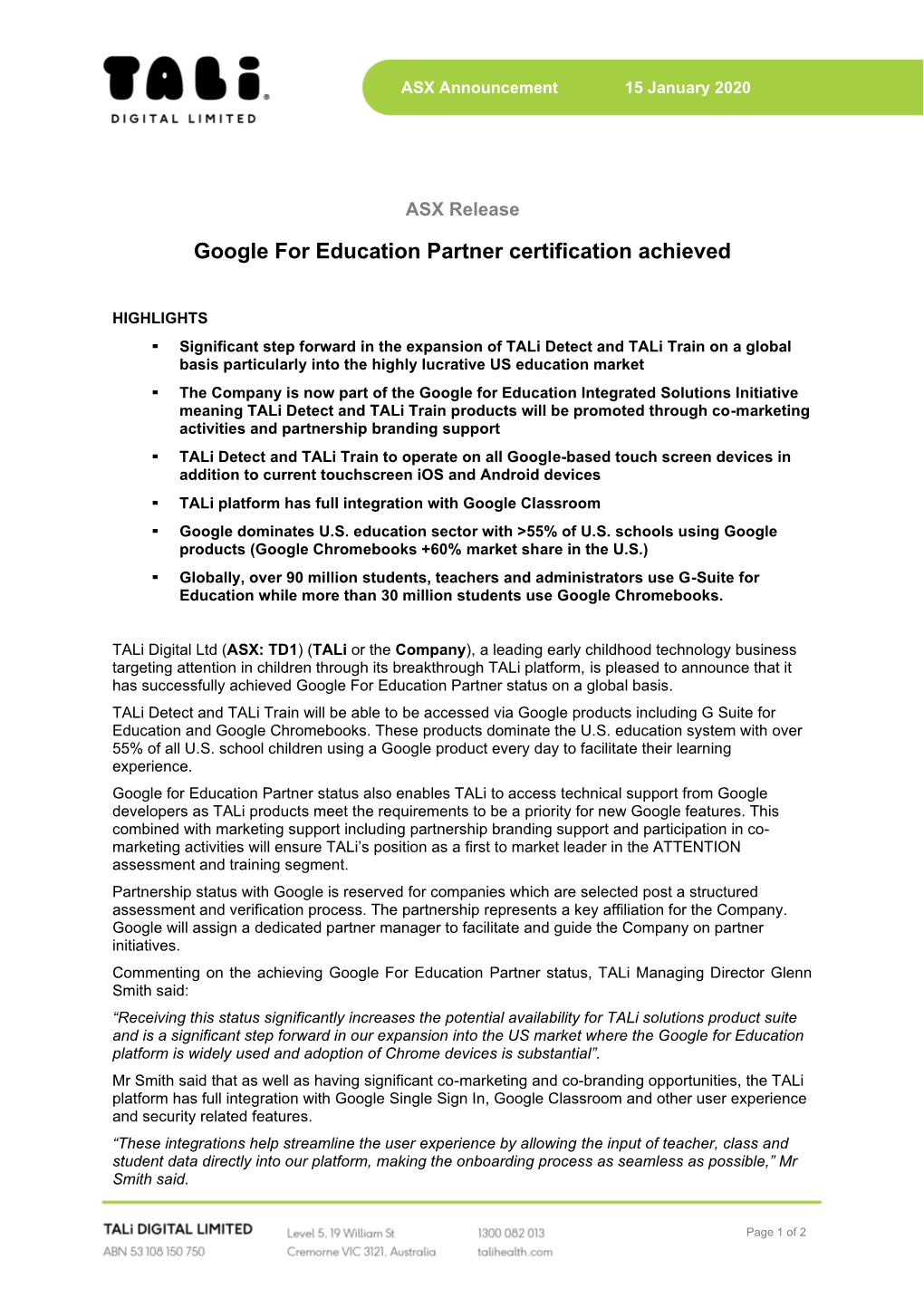 Google for Education Partner Certification Achieved