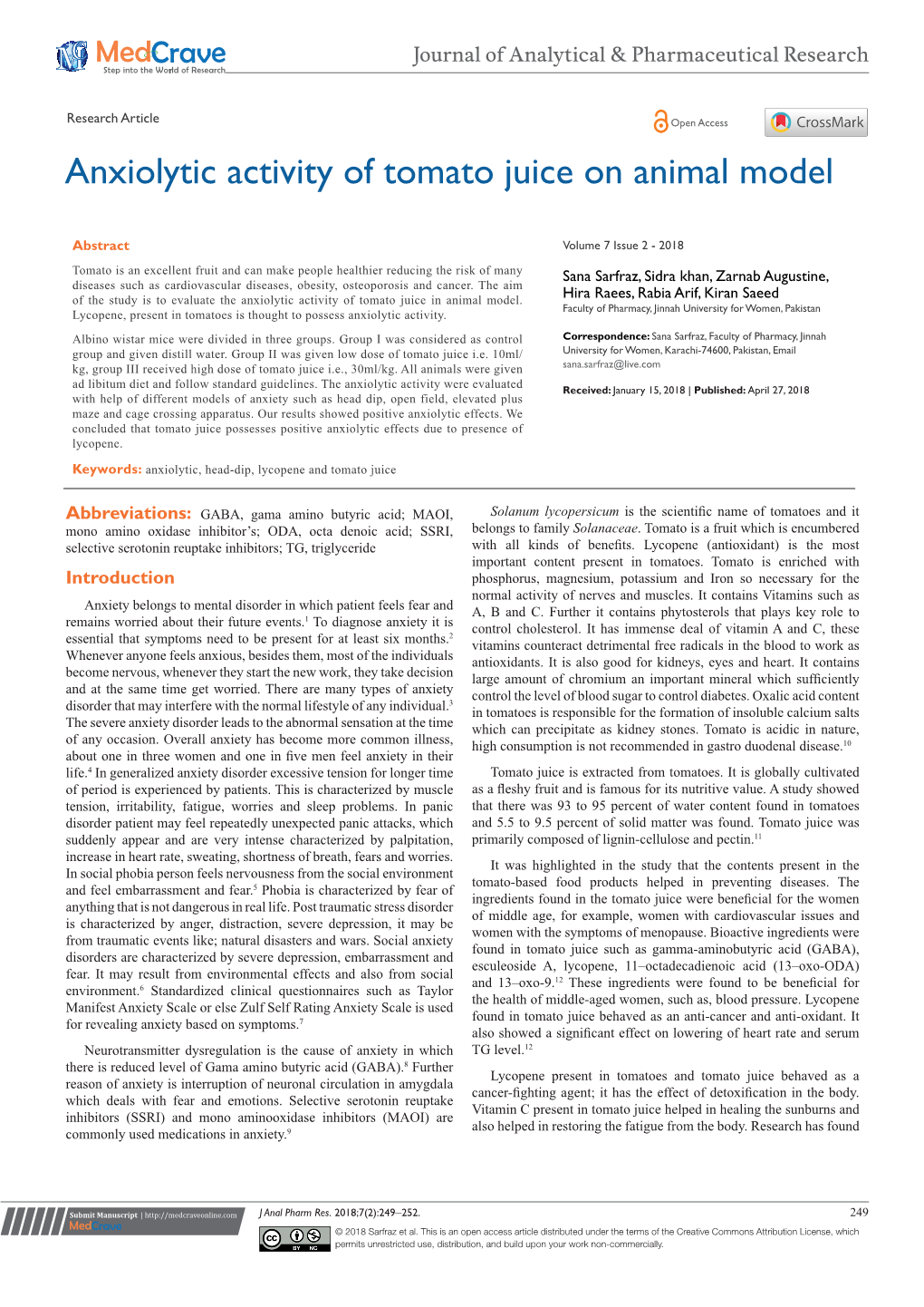 Anxiolytic Activity of Tomato Juice on Animal Model