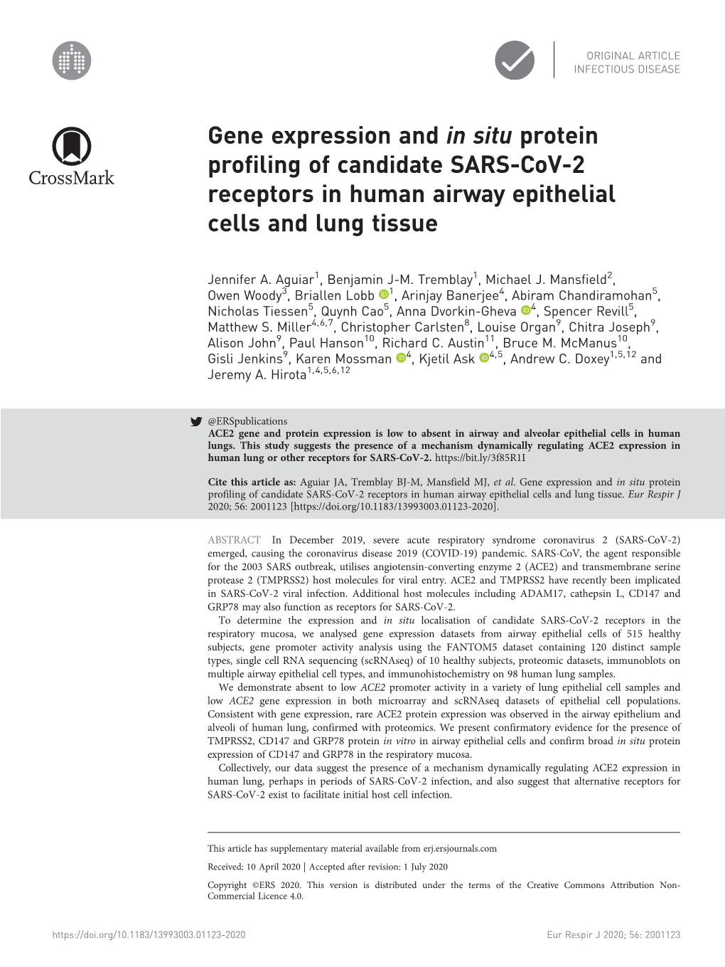 Gene Expression and in Situ Protein Profiling of Candidate SARS-Cov-2 Receptors in Human Airway Epithelial Cells and Lung Tissue